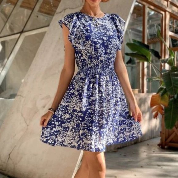 Floral Ruffle Trim Shirred Waist Dress blue - Picture 3 of 6